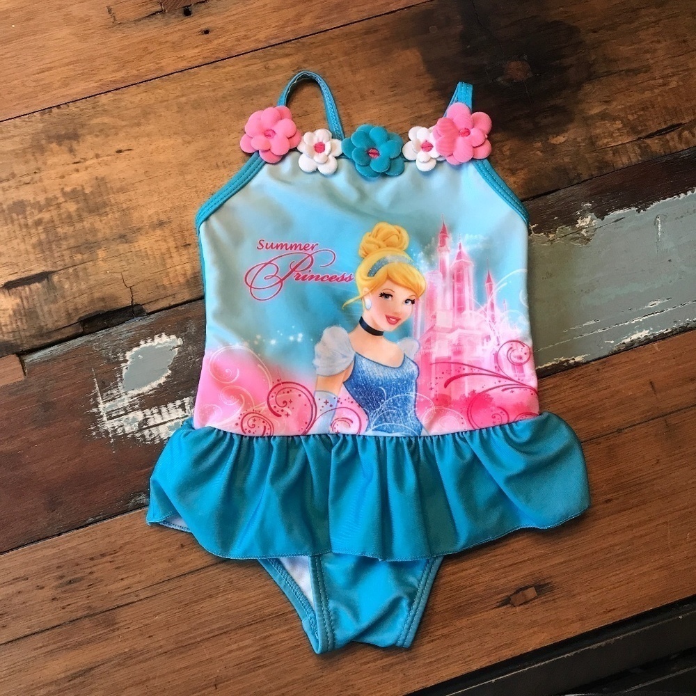 Disney Cinderella Swimsuit One piece Baby Ruffles Aqua Hit pink Sz 6m
